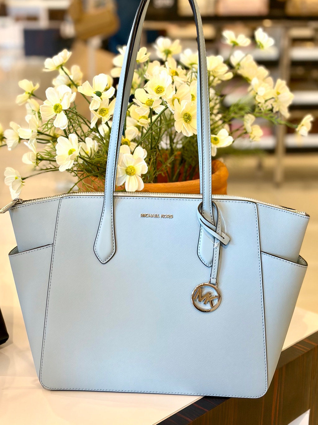 Michael Kors Light Blue Saffiano Leather Tote Shoulder Bag With Mk Charm